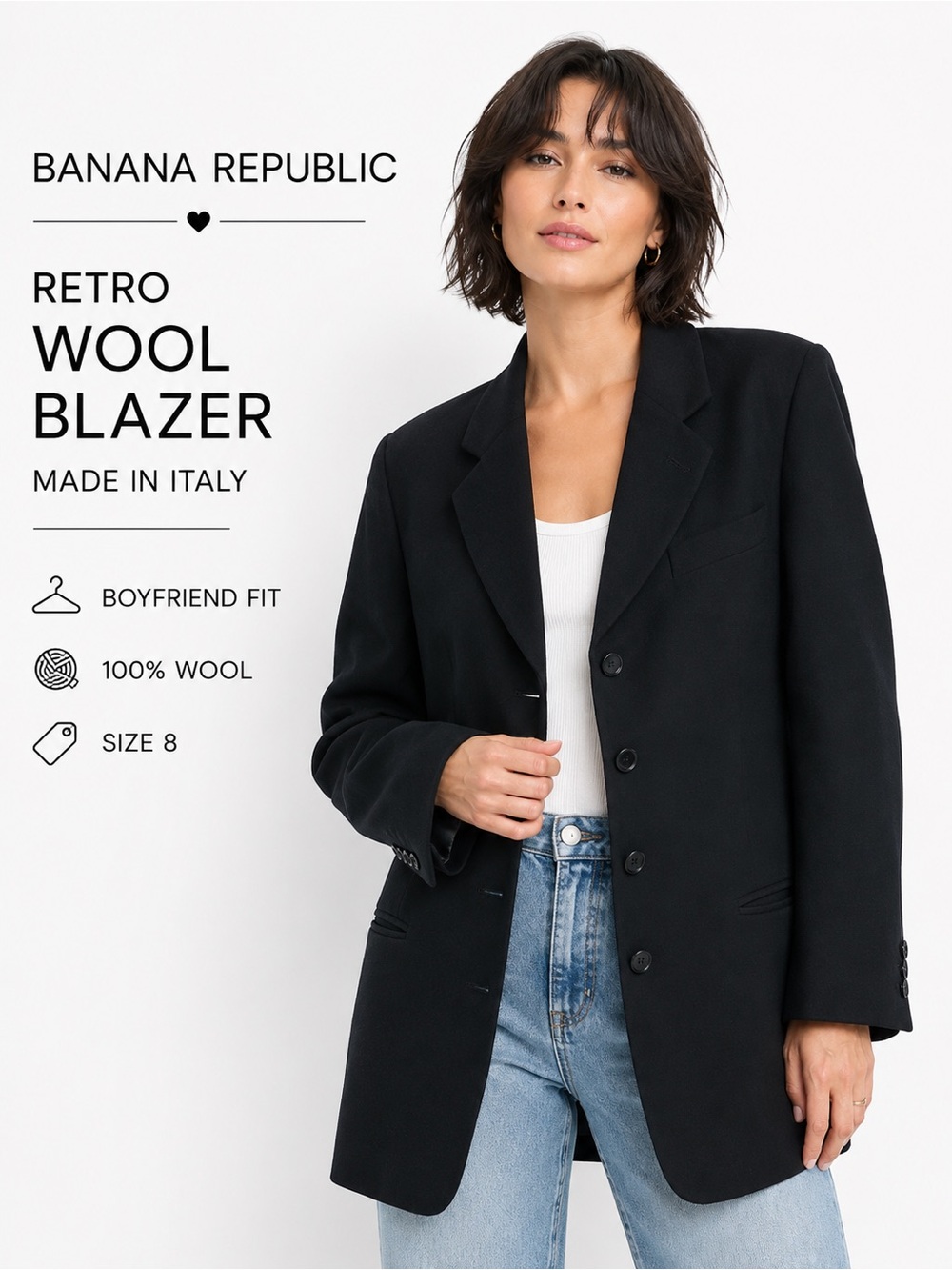 Banana Republic Blazer Jacket wool black Made in Italy long line Sz 8